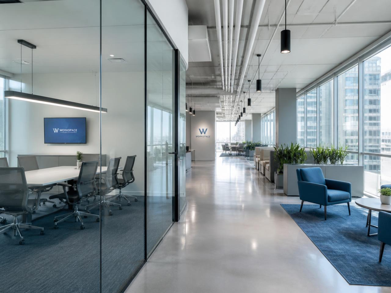 Ambiente corporativo moderno com salas de reunião envidraçadas